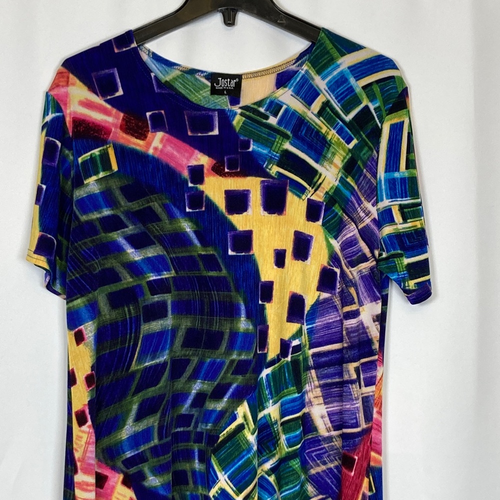 Jostar Short Sleeve Vibrant Multicolor Midi Swing A-line Dress Sz L Bold Bright - Picture 4 of 15